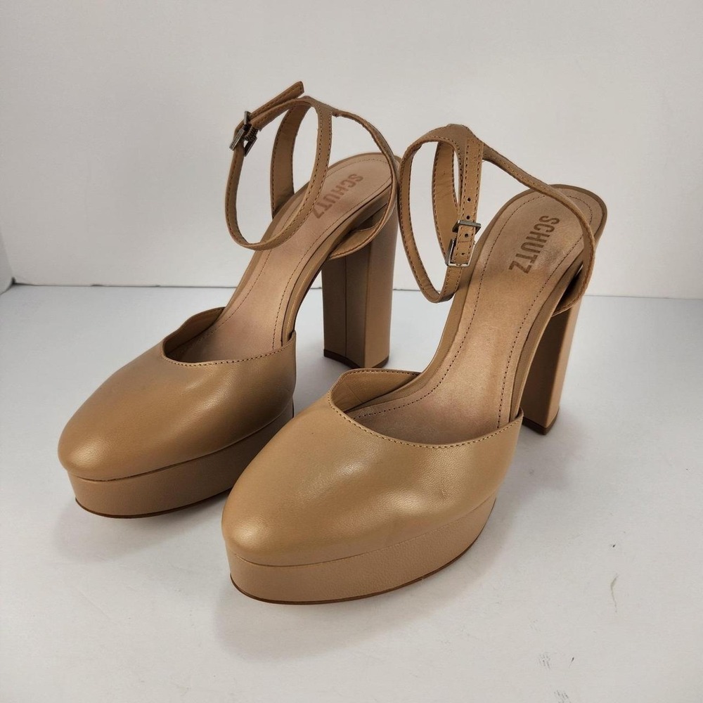 SCHUTZ Nude Leather Platform Block Heel Ankle Strap Pumps Women's Size 9.5B
